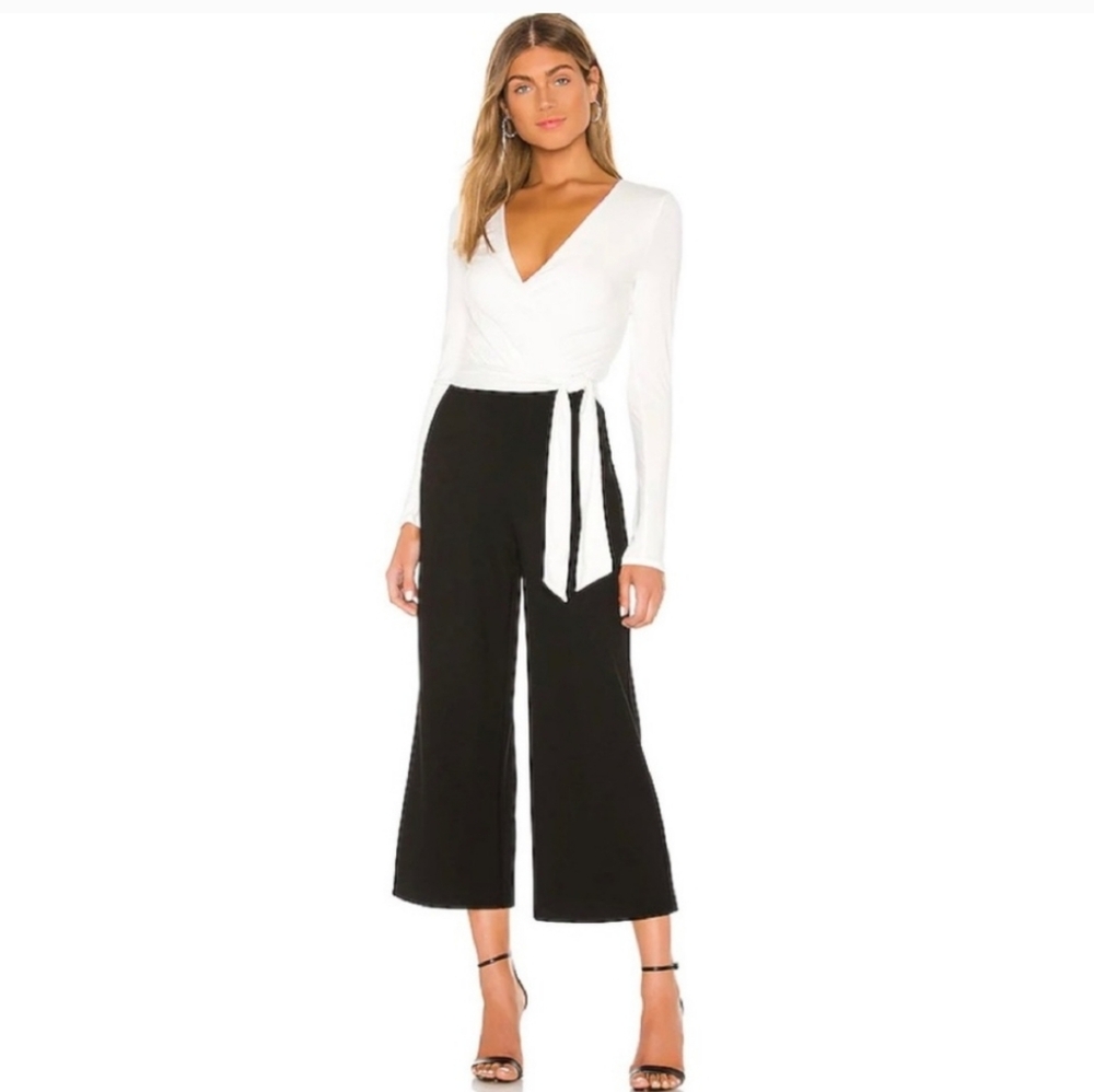 BAILEY/44 Bethany Eggshell Black Viscose Wrap Top Wide Leg Cropped Jumpsuit